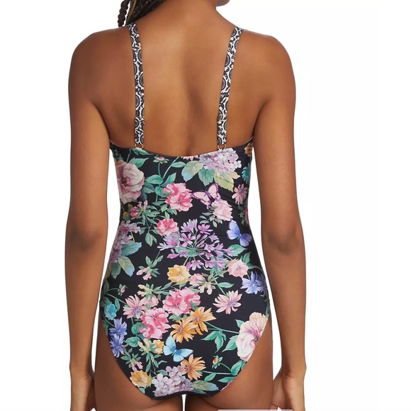 Johnny Was Ruched Black Butterfly One Piece Swimsuit - Picture 4 of 7